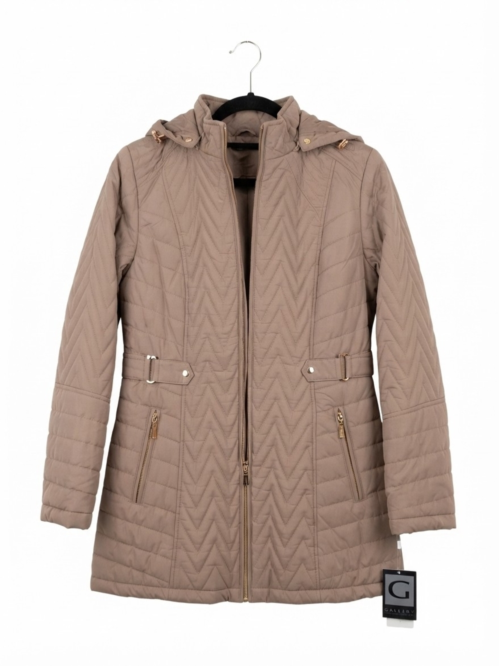 94-NWT-Gallery New YorkWomen's Taupe Quilted Jacket With Removable Hood
